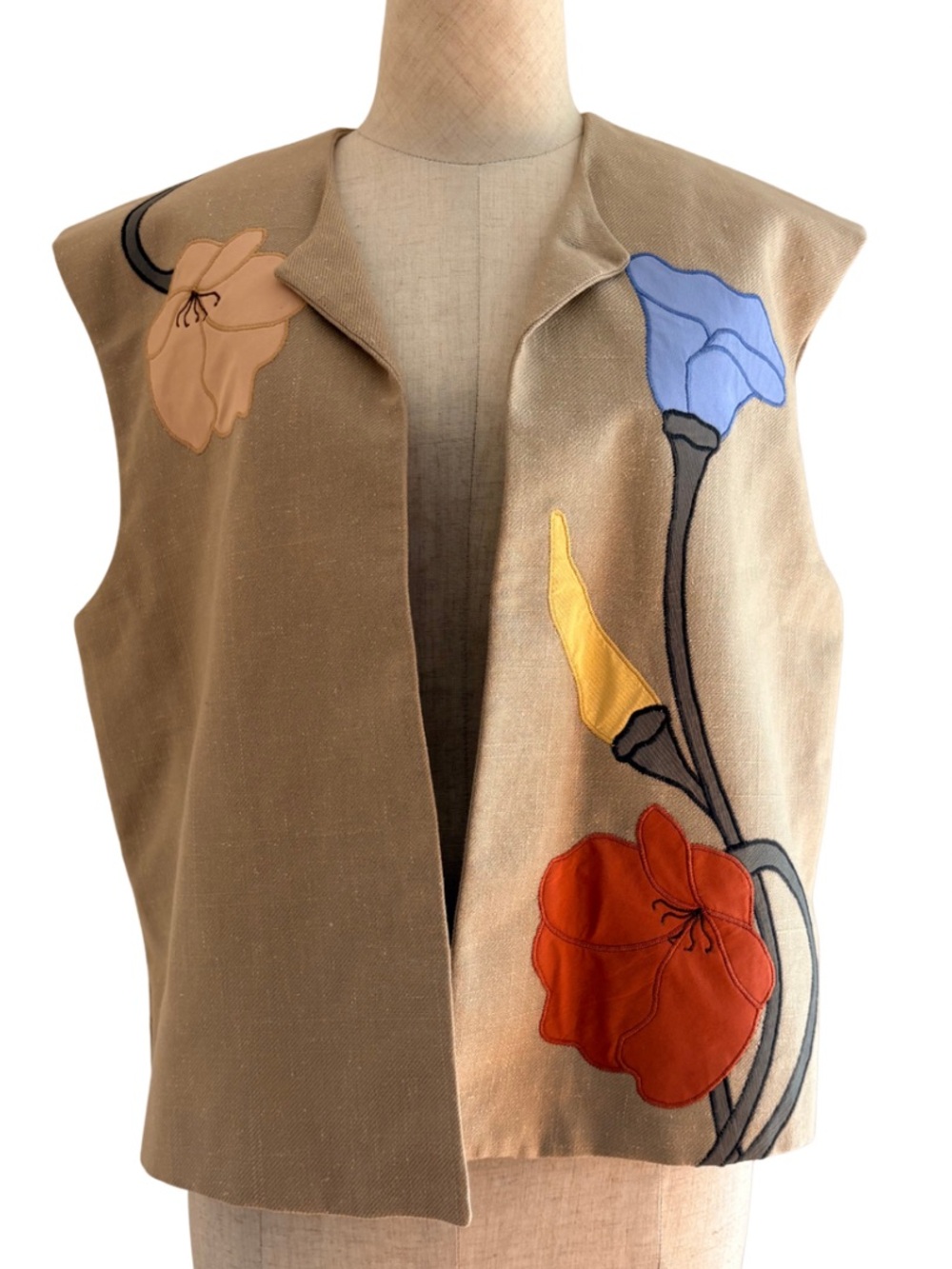 Boho VTG Boxy Vest M Floral Tan 70s Tulips Patchwork Cottage Boho Silk Blend